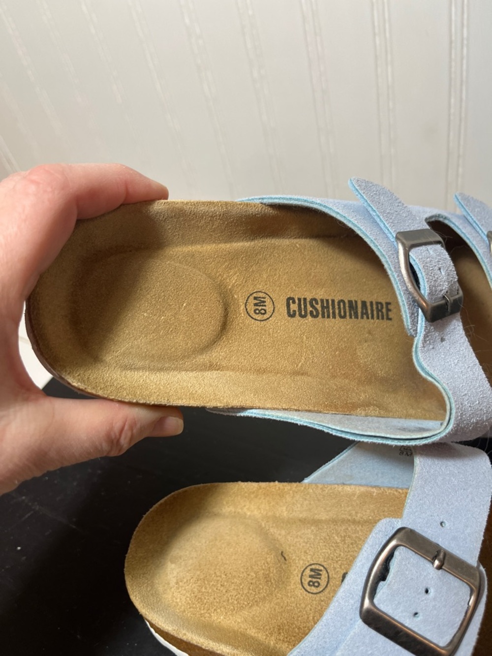Cushionaire Light Blue Suede Two-Strap Buckle Cork Sandals - Size 8 Medium - Picture 2 of 14